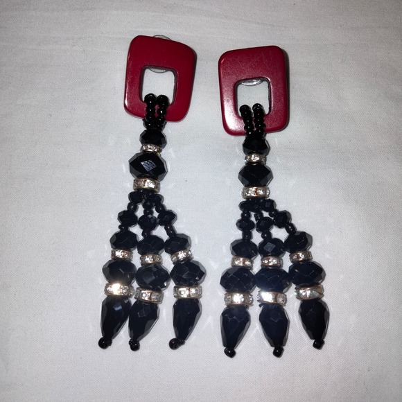 Iris Apfel & Bajalia Black, Red & Clear Rhinestone Tasseled Statement Earrings - Picture 1 of 11